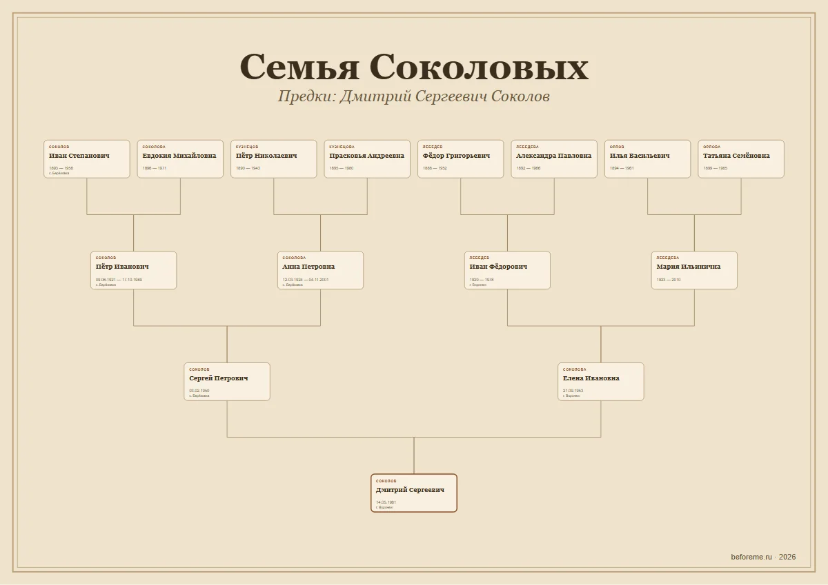 Готовый семейный постер: четыре поколения предков вымышленной семьи Соколовых