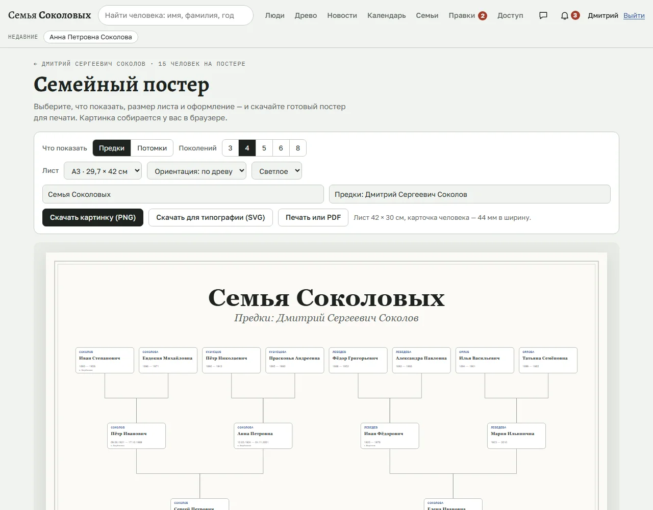 Страница «Семейный постер» в сервисе «Семья»: выбор поколений, размера листа и оформления, кнопки скачивания