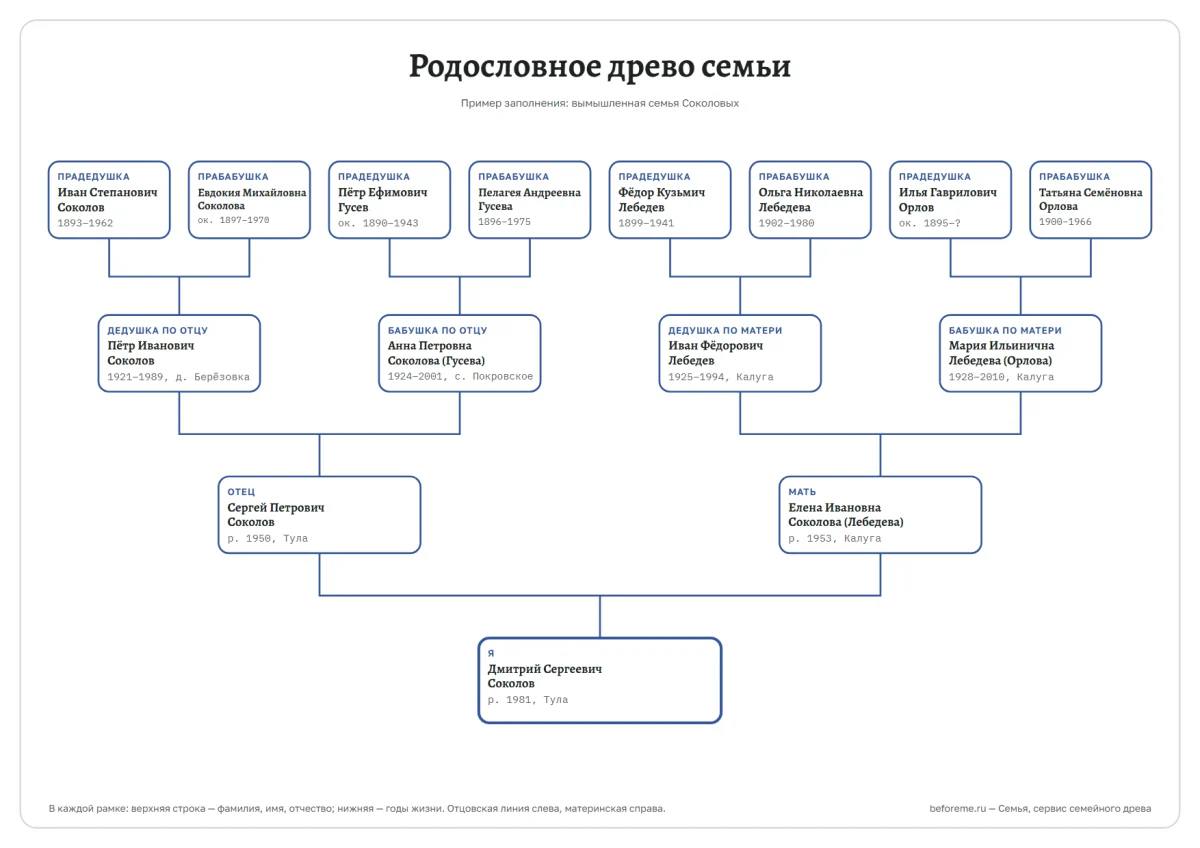 Пример заполненного древа на четыре поколения: вымышленная семья Соколовых